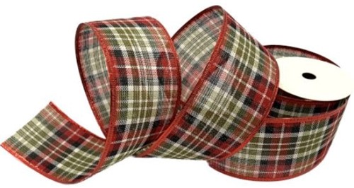 Kerstlint Tartan 63mm BURLAP TARTAN WIRED EDGE RIBBON RED/GREEN X 10yds Kerstlint iets lichter