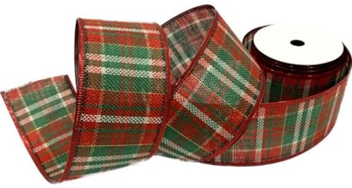 Kerstlint Tartan 63mm BURLAP TARTAN WIRED EDGE RIBBON RED/GREEN X 10yds Kerstlint