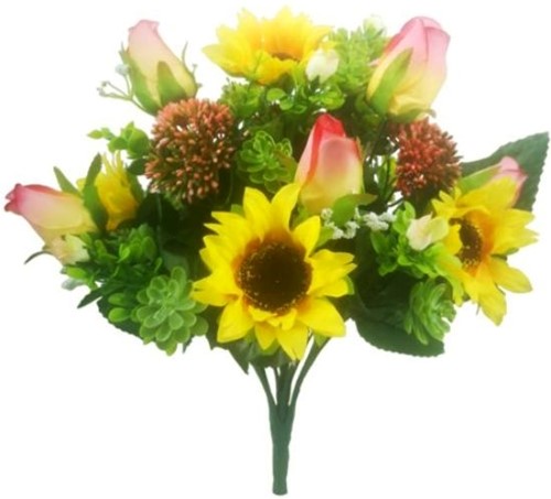  ZijdeBOEKET 38cm SUNFLOWER ROSEBUD AND SUCCULENT BUSH PINK/YELLOW/GREEN Boeket