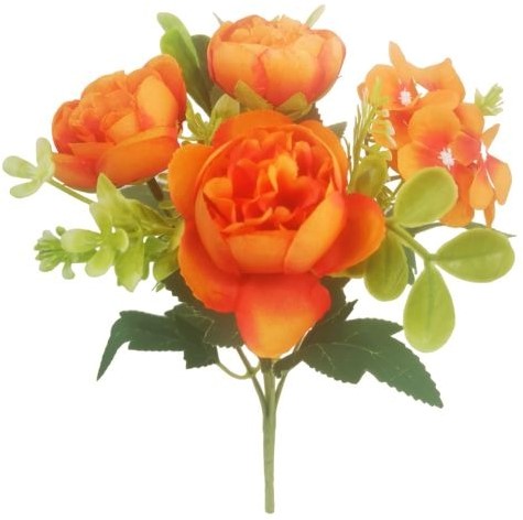 Boeketje Ranonkel, Hortensia en besjes  27cm RANUNCULUS HYDRANGEA AND BERRY BUSH Oranje Zijdebloem vuller