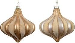 Kerstballen druppelvorm 10 cm Flock goud en beige onbreekbaar set 2 stuks