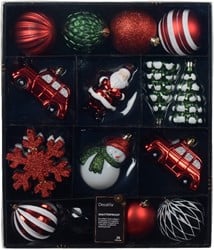 Kerstballen 8 cm Rood Groen Wit gestreept mix onbreekbaar doos 25 stuks