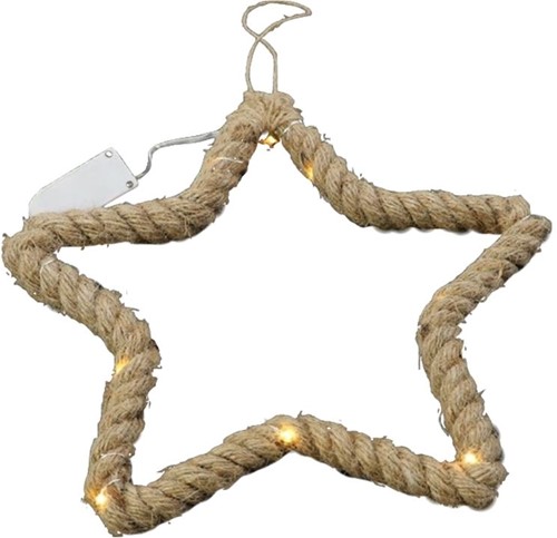 Ster Manilla omwikkeld met touw en ledstring 35cm led met timer