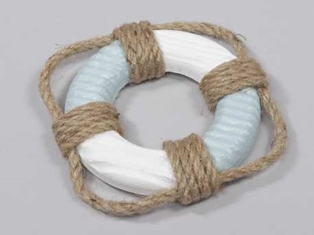 Houten reddingsboei met dik touw 11cm. Maritiem blauw/wit