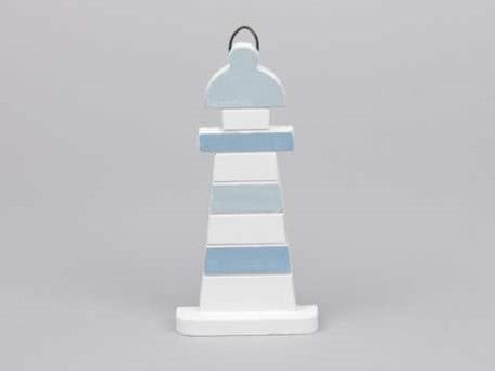 Houten vuurtoren blauw/wit 7. 5x15 cm. Maritiem blauw/wit