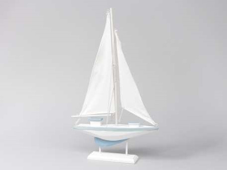 Houten zeilschip blauw/wit Medium 19x30 cm. Maritiem blauw/wit