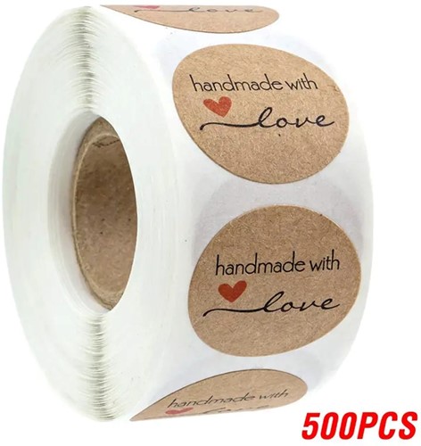 500 Stickers Labels Rol Handmade with love hartje rol kraft etiketten