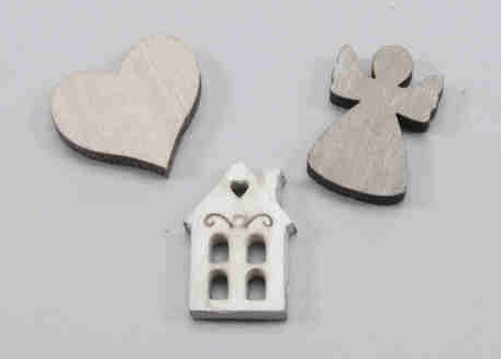 Houten decorafie hart, engel huis3 cm. +/- 24st (kleinverpak) Houten deco figuren
