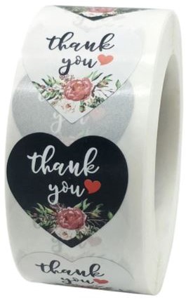 500 Thank You zwarte en witte HARTvorm Stickers - 1 inch Labels +/- 500 Per rol Thank you sluitsticker labels
