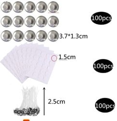 Set voor waxinelichtjes met 100 ronde Aluminiumcupjes voor Waxinelichtjes 100 lontjes en 100 stickers