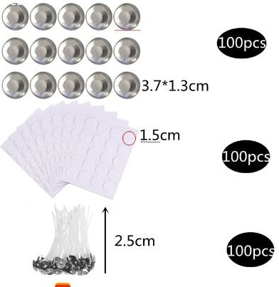 Set voor waxinelichtjes met 100 ronde Aluminiumcupjes voor Waxinelichtjes 100 lontjes en 100 stickers