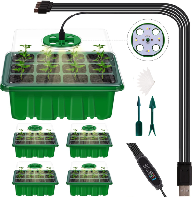 Set van 5 Seed Starter box MET kweeklamp EN DIGITAL CONTROL 5 lampen 12/60 cellen Vensterbankkasjes met verstelbare ventilatie en zaaihulpjes