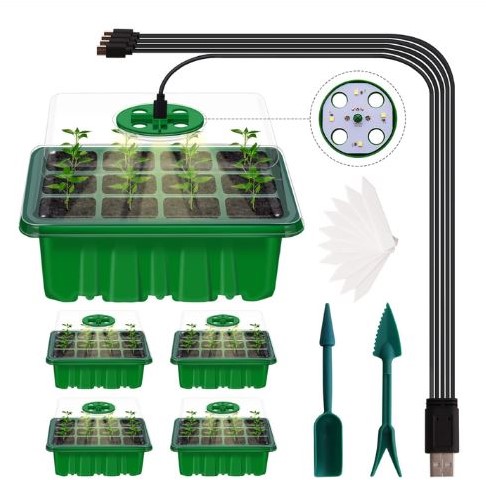 Set van 5 Seed Starter box MET kweeklamp 5 lampen 12/60 cellen en zaaihulpjes Vensterbankkasjes met verstelbare ventilatie  