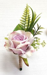 Luxe Corsage, corsage van zijderoos Lila Roze/groen Schitterende kwaliteit Boutonnière op pinclip met speld