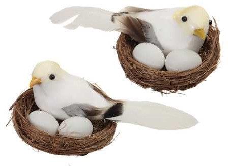 Nestje 7.5 cm met 1 vogel en 2 eitjes Wit PastelGeel Doos met 6 nestjes  Vogelnestjes