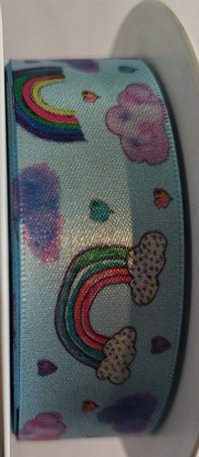 Lint 25mm x 20m Blue Satin Rainbow Ribbon / rol OP=OP bedrukt lint