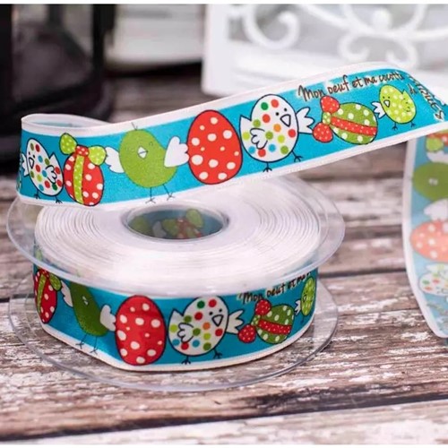 Lint Blauwe Paaskuikens - Oeuf Cocottes Lint 25mm x 20m OP=OP Lint met draad