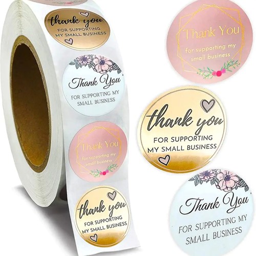 Actie 500 Stickers Labels Rol Thank you for Supporting My Small Business Glossy  rol etiketten 3 verschillende