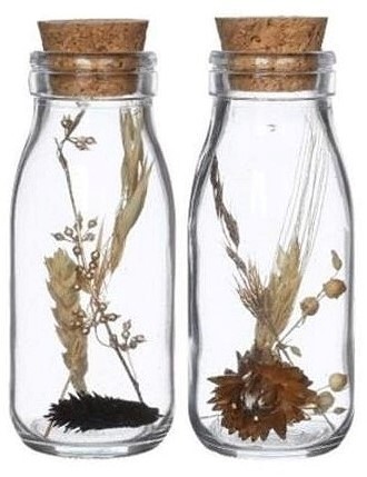 Actie Vaasje Milk bottle Natural Chique met kurk INCL droogbloemen 14*6 cm / stuk leuk cadeautje, wordt uit assorti geleverd