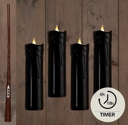Actie LEDkaarsen Anna's Collection ZWART Floating Candle Magic met Timer candle Drip SET 4 18X5CM LED MET TIMER INCLUSIEF TOVERSTOK, DRAAD EN HAKEN 4 STUKS 