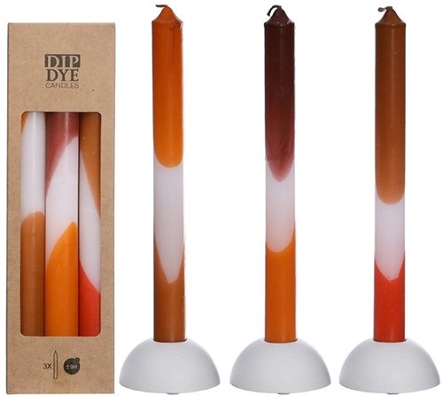 Kaarsen Oranje- Bruin Dip Dye taper candle h.24 set 3 25mm diameter
