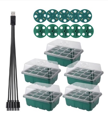 Set van 5 Seed Starter boxen MET kweeklamp 5 lampen 12/60 cellen Vensterbankkasjes met verstelbare ventilatie