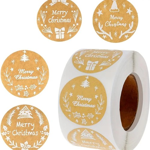 500 Stickers Labels Kerstetiketten Kraft White opdruk Merry Christmas  Kerst sluitsticker