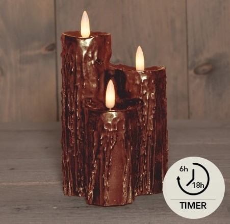 Actie LEDkaarsen Anna's Collection BRONS DRUIPKAARS WAX 3 X 3D VLAM  OP 2XAA BATTERIJ MET TIMER 16.5X11CM 
