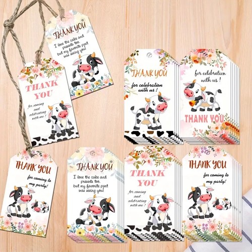 Bloemenkaartjes Thank you for Celebrating with us Koeien set 50st cadeaulabels met touwtje