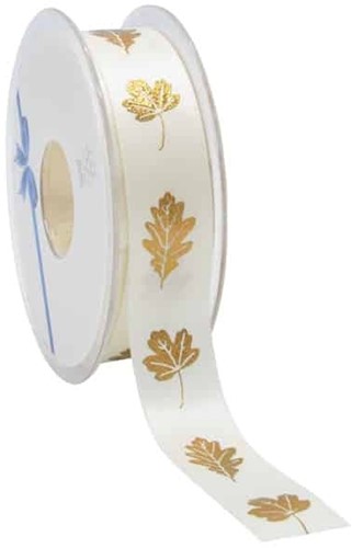 Enkelzijdige satijn lint Herfstlint AUTUMN LEAFS – IVORY met goud blad  23mm / meter verpakkingslint, cadeaulint