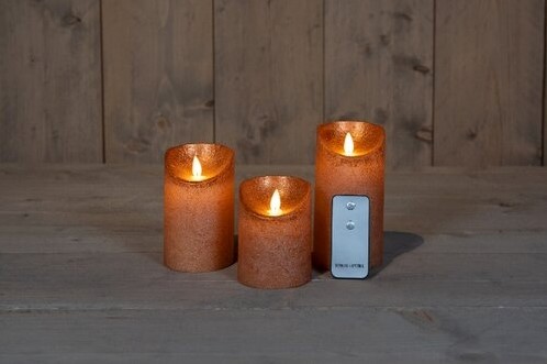 LEDkaarsen Rustiek Koper Anna's Collection LED kaars 3D Flame Wax Candle  met afstandsbediening 7,5x10/12,5/15 cm  / 3 stuks Ledcandle voor bloemschikken en decoratie