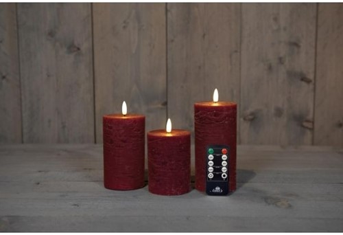 LEDkaarsen Rustiek Bordeaux Anna's Collection LED kaars 3D Flame Wax Candle met afstandsbediening 7,5x10/12,5/15 cm  / 3 stuks Ledcandle voor bloemschikken en decoratie