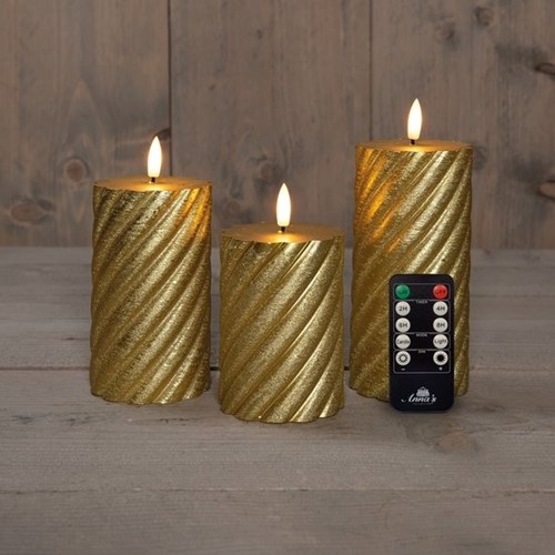 LEDkaarsen SWIRL Goud Anna's Collection LED kaars 3D Flame Wax Candle  met afstandsbediening 7,5x10/12,5/15 cm  / 3 stuks Ledcandle voor bloemschikken en decoratie