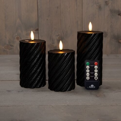 LEDkaarsen SWIRL Zwart Anna's Collection LED kaars 3D Flame Wax Candle  met afstandsbediening 7,5x10/12,5/15 cm  / 3 stuks Ledcandle voor bloemschikken en decoratie