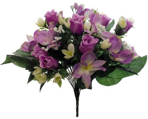 Rouwboeket zijdebloemen 38cm. ROSEBUD+ ALSTROEMERIA Lavendel Grafstuk