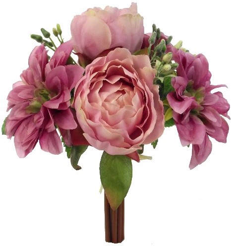 Handgebonden zijde 30cm. PIOEN en DAHLIA MAUVE Low Budget Boeket Rozen