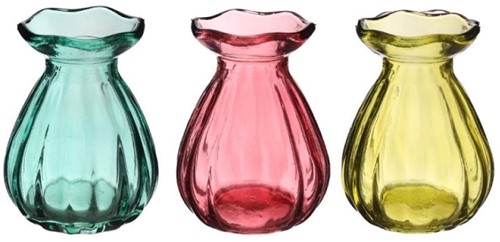 3 verschillende Tafelvaasjes, Hyacint vaasje Fleur vase Ø7 h. 9 cm 3 kleuren Hyacinth vase kleiner model