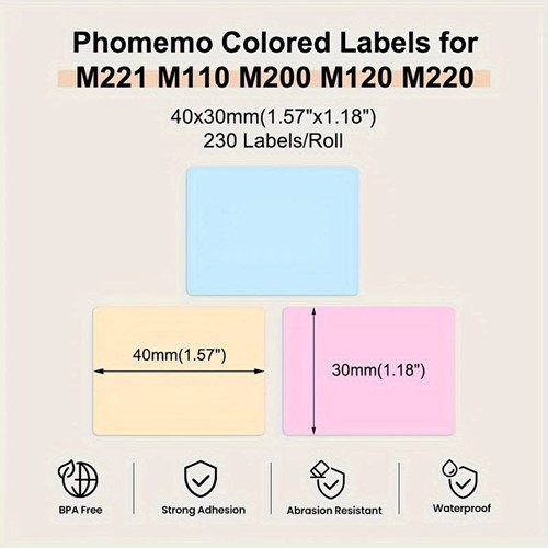 Thermische labels, BEIGE 40*30mm Stickers Labels Thermal / rol 230labels tbv bv Phomemo M110. M220, M221 om zelf foto, tekst, afbeeldingen op te printen-3