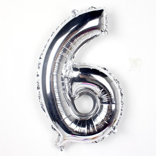 FolieBallon Zilver 34 cm. Cijfer, 6 met stok Ballonnen