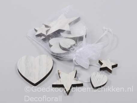 Houten decoratie Hart en Sterren +/- 12st Houten deco figuren