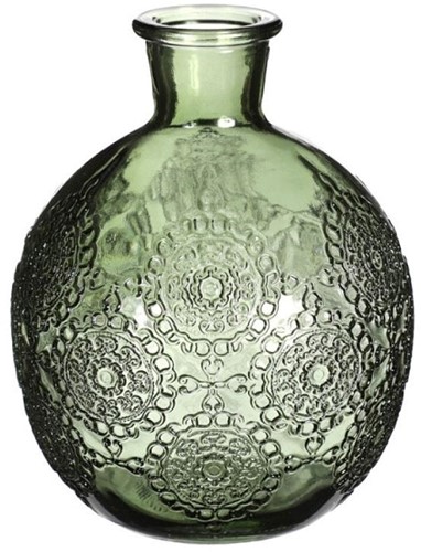 Gekleurd glazen flesje Bologna vaasje,kandelaar Dark Green  / stuk Bologna bottle 12 cm hoog Ø 9.5cm diameter