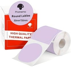 Thermische labels, LILA  ROND 50mm Stickers Labels Thermal voor diverse printers/ rol 140 labels M110/M110S/M120/M200/M220/M221   om zelf foto, tekst, afbeeldingen op te printen