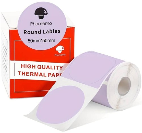 Thermische labels, LILA  ROND 50mm Stickers Labels Thermal voor diverse printers/ rol 140 labels M110/M110S/M120/M200/M220/M221   om zelf foto, tekst, afbeeldingen op te printen