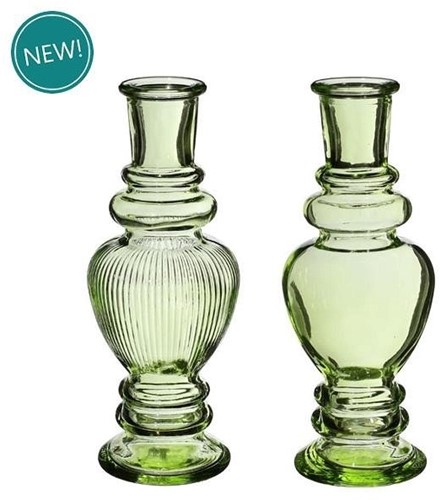 Gekleurd glazen flesje Venice vaasje,kandelaar Soft green  / stuk Venice bottle 15.5 cm hoog Ø5.7 cm diameter
