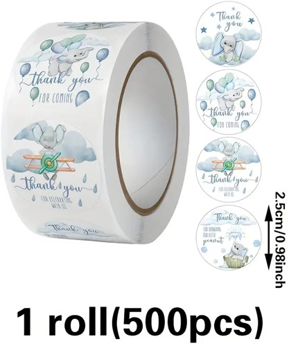 500 Stickers Labels Baby Blauw groen grijs Olifantje rol sluit etiketten