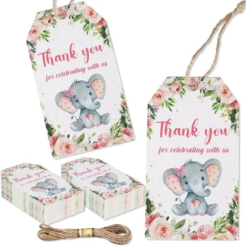 Bloemenkaartjes Thank you for Celebrating with us Olifantje set 50st cadeaulabels met touwtje