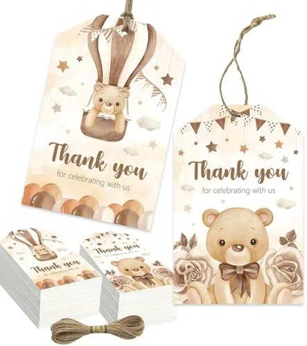 Bloemenkaartjes Thank you for celebrating with us Beertje in ballon set van 50 cadeaulabels met touwtje