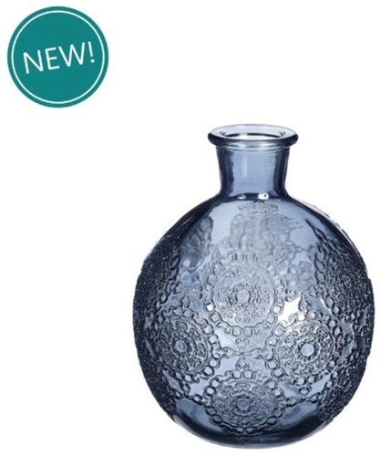 Gekleurd glazen flesje Bologna vaasje,kandelaar Dark Blue  / stuk Bologna bottle 12 cm hoog Ø 9.5cm diameter