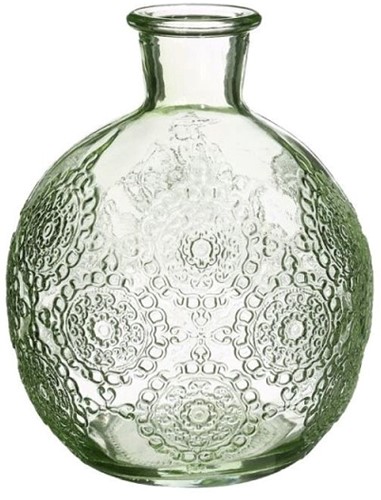 Gekleurd glazen flesje Bologna vaasje,kandelaar Soft Green  / stuk Bologna bottle 12 cm hoog Ø 9.5cm diameter