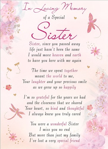 Rouwkaart herdenkingskaart In loving memory of a SPECIAL SISTER Geplastificeerd 16.5 X 12cm